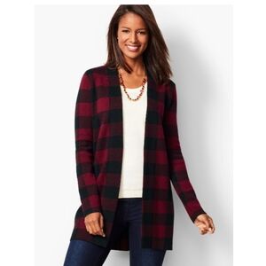 Talbots Merino Wool Buffalo Check Plaid Open-Front Sweater
